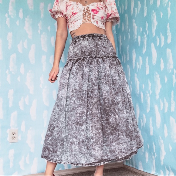 Vintage Dresses & Skirts - Vintage 80’s Acid Wash Drop Waist Denim Midi Skirt